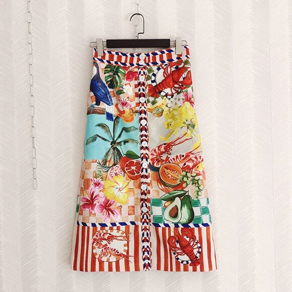 Tropical lobster floral fruits parrot avocado stripe skirt S Small SM M Medium M - Picture 1 of 16